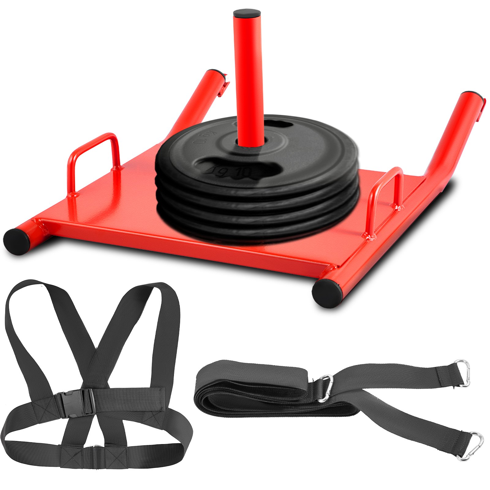 red VEVOR weight sled with harness and strap for strength training.