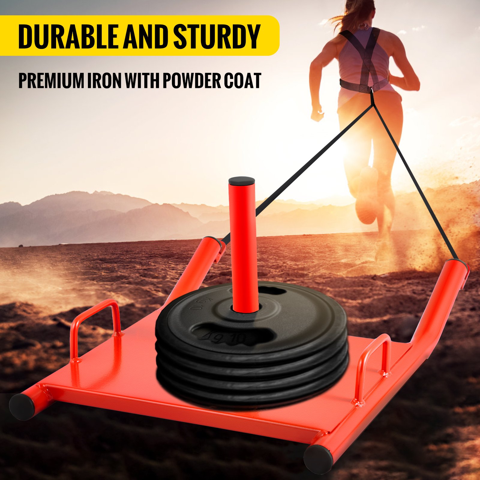 VEVOR weight sled with plates, durable iron, powder coat in sunlit outdoor scene.