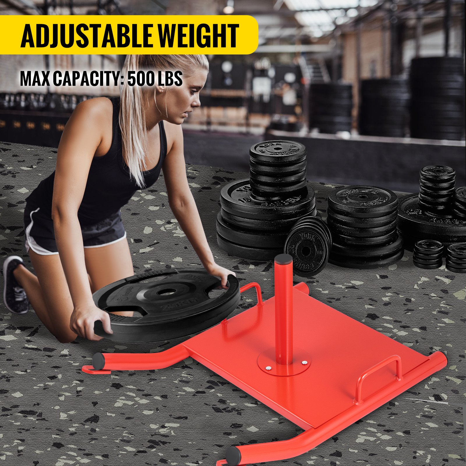 VEVOR weight sled with woman loading plates, adjustable weight, max capacity 500 lbs.