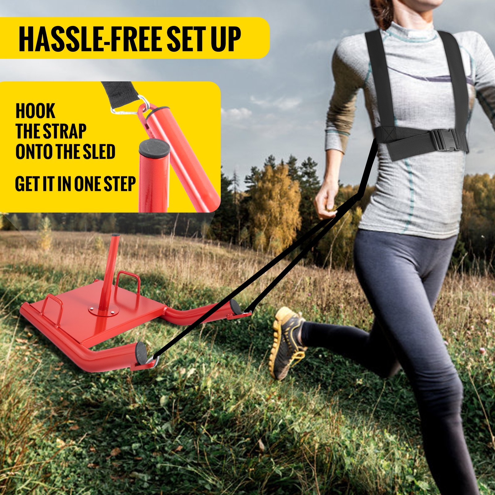 person running with VEVOR weight sled in outdoor setting, showcasing easy setup.