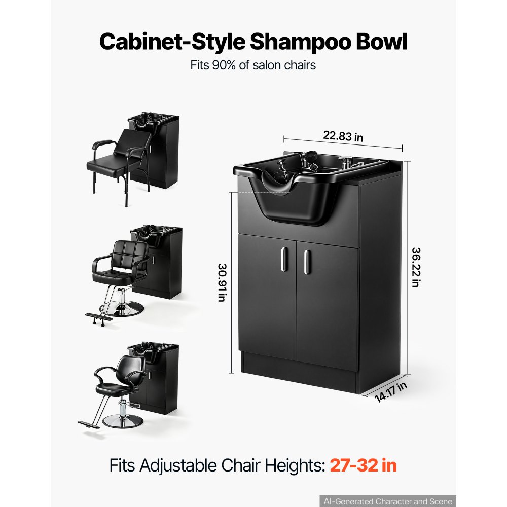 VEVOR Shampoo Bowl with Cabinet Fits 27-32 in Chair Backwash Sink Station, for Salon Barber Hairstylists & Home Use, Spa Salon Beauty Equipment with Faucet, Drain Hose, Showerhead, Hair Trap, Black