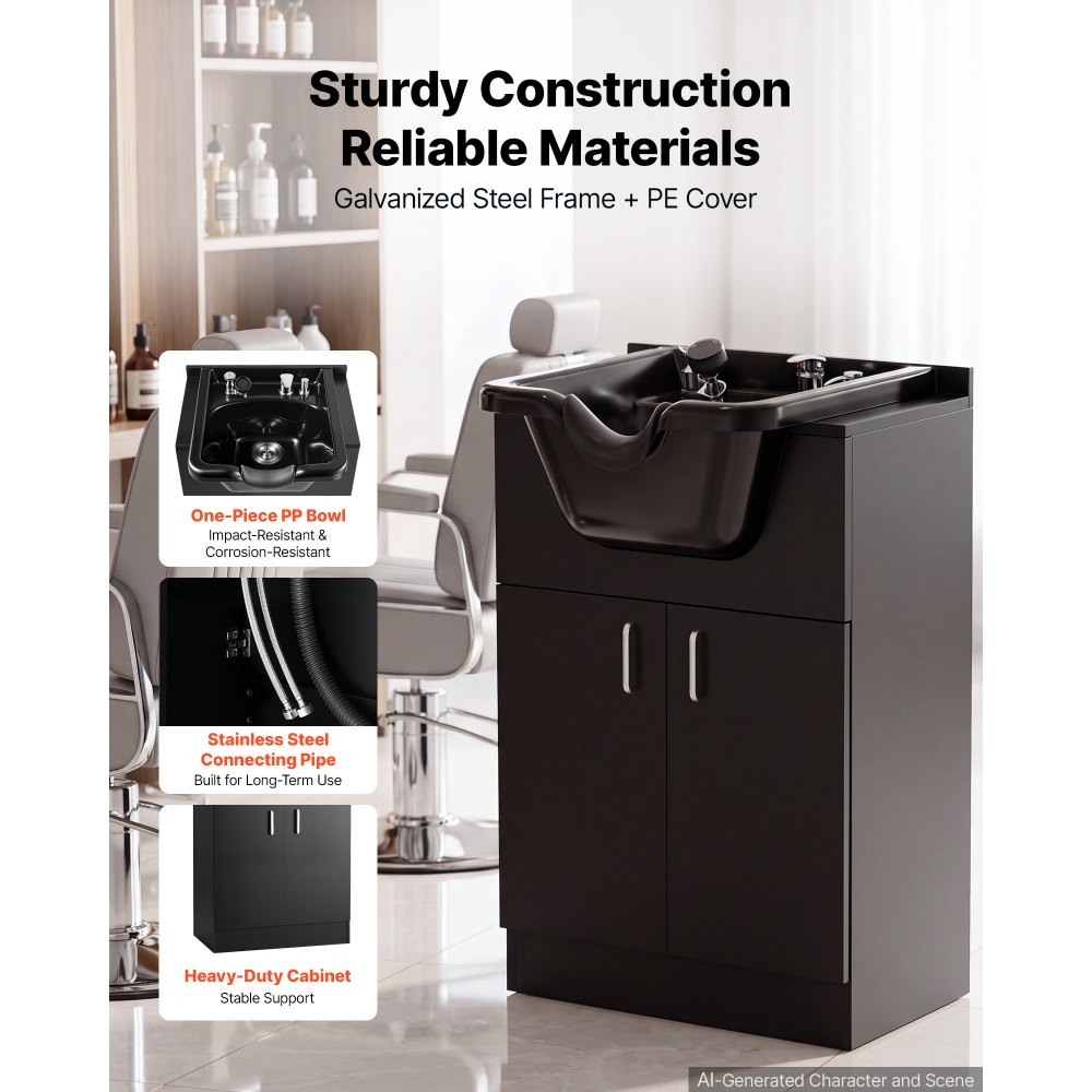 VEVOR Shampoo Bowl with Cabinet Fits 27-32 in Chair Backwash Sink Station, for Salon Barber Hairstylists & Home Use, Spa Salon Beauty Equipment with Faucet, Drain Hose, Showerhead, Hair Trap, Black