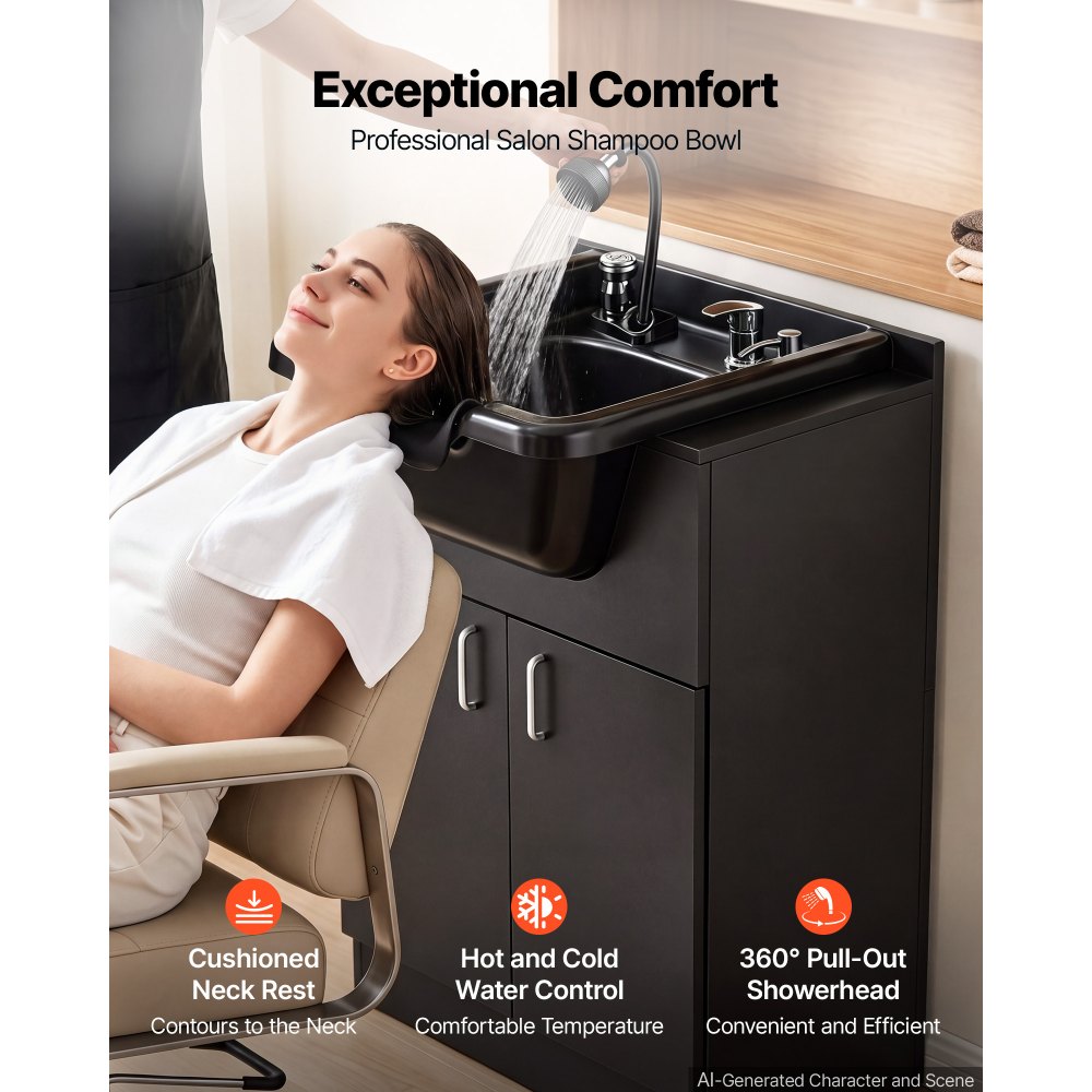 VEVOR Shampoo Bowl with Cabinet Fits 27-32 in Chair Backwash Sink Station, for Salon Barber Hairstylists & Home Use, Spa Salon Beauty Equipment with Faucet, Drain Hose, Showerhead, Hair Trap, Black
