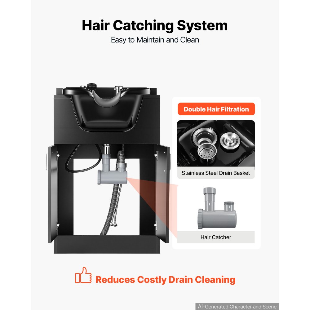 VEVOR Shampoo Bowl with Cabinet Fits 27-32 in Chair Backwash Sink Station, for Salon Barber Hairstylists & Home Use, Spa Salon Beauty Equipment with Faucet, Drain Hose, Showerhead, Hair Trap, Black