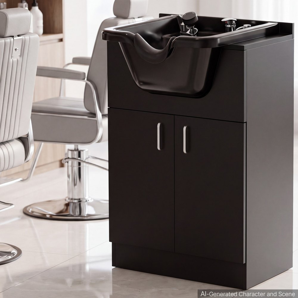 VEVOR Shampoo Bowl with Cabinet Fits 27-32 in Chair Backwash Sink Station, for Salon Barber Hairstylists & Home Use, Spa Salon Beauty Equipment with Faucet, Drain Hose, Showerhead, Hair Trap, Black