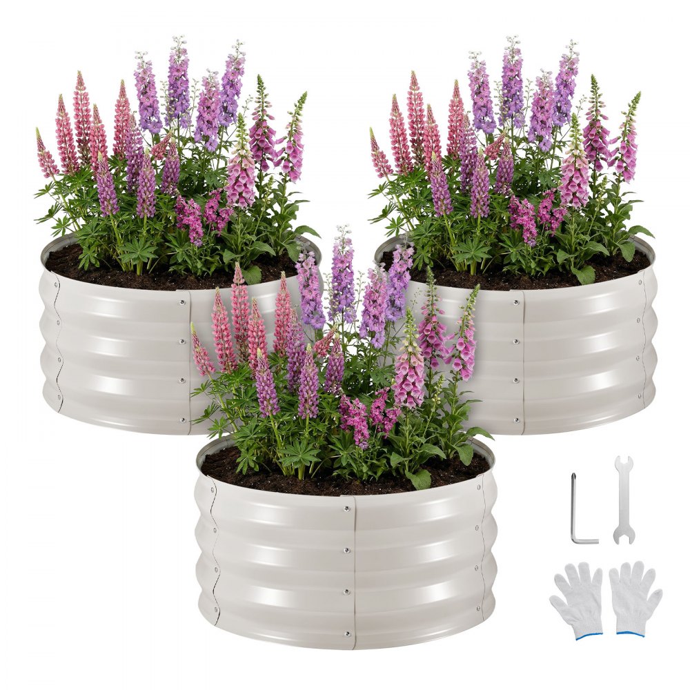VEVOR 3 Pcs Galvanized Raised Garden Beds, 2 x 2 x 1 ft, Round Metal Planter Boxes Kit Outdoor, Bottomless Elevated Garden Boxes with Gloves, Alu-Zinc, for Planting Flowers Vegetables Herbs, Beige