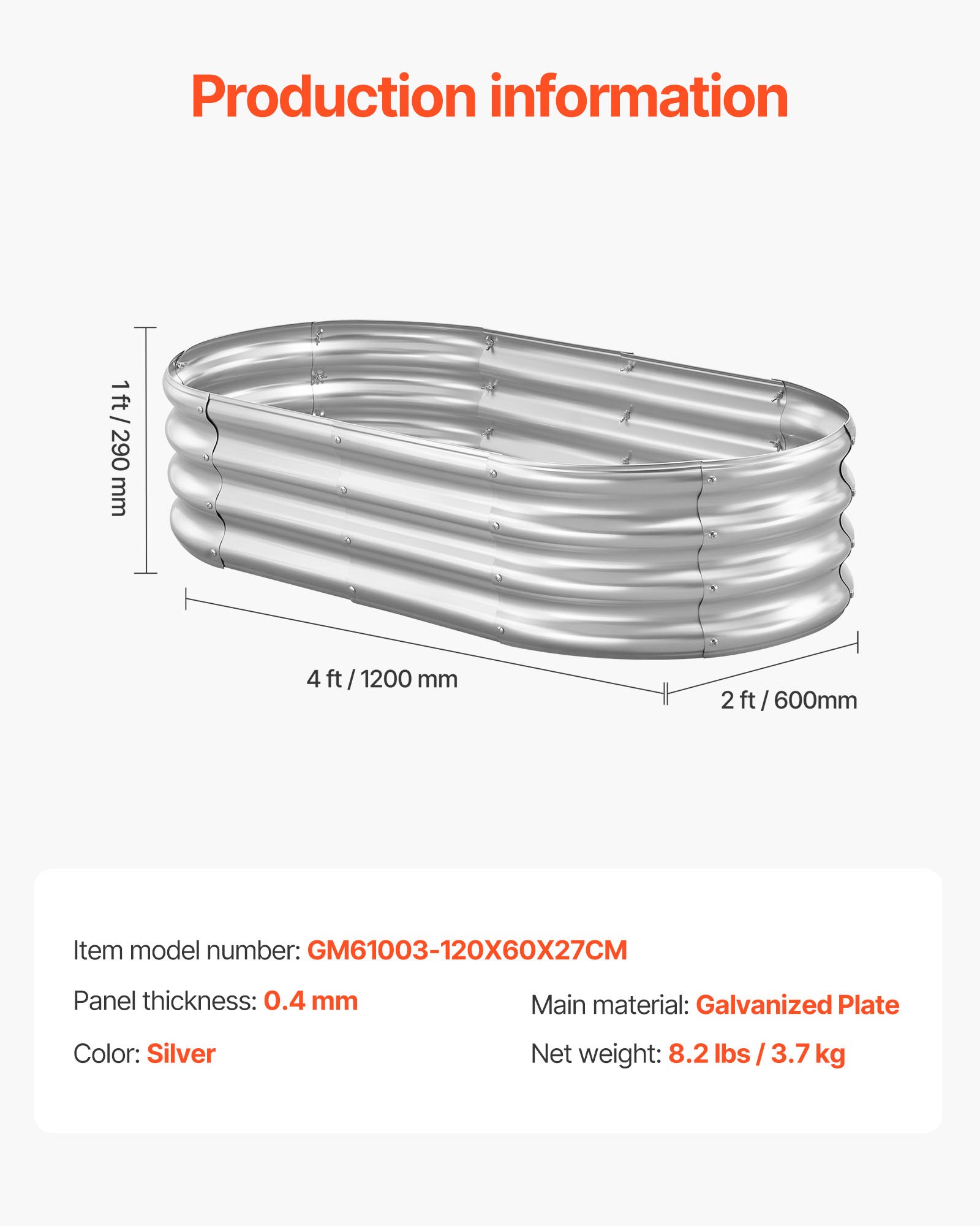 VEVOR Metal Raised Garden Bed, 1.2 x 0.6 x 0.3 m Oval Outdoor Galvanized Planter Garden Box, Open Bottom Design, Large Planter Raised Bed for Growing Vegetables, Flowers, Succulents, Galvanized Color
