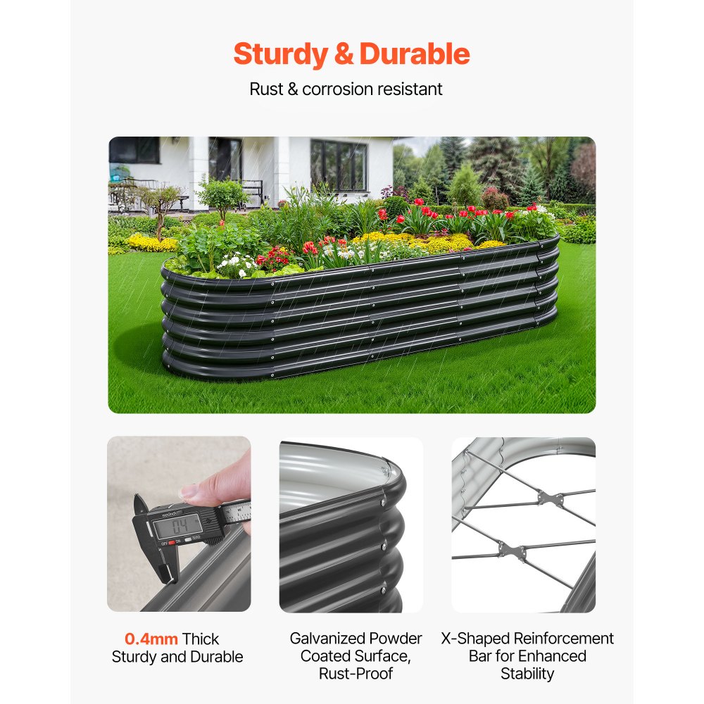 VEVOR Metal Raised Garden Bed, 2.0 x 0.6 x 0.4 m Oval Outdoor Galvalume Planter Garden Box, Open Bottom Design, Large Planter Raised Bed for Growing Vegetables, Flowers, Succulents, Dark Gray