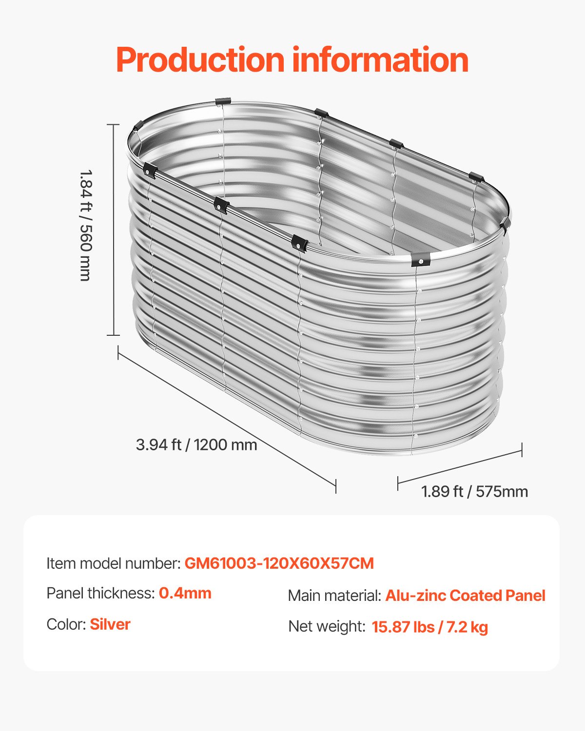 VEVOR Metal Raised Garden Bed, 4 x 2 x 2 ft Outdoor Galvanized Planter Box, with Open Bottom, Large Oval Planter Raised Bed for Gardening Vegetables, Flowers, Herbs, and Succulent Plants, Silver