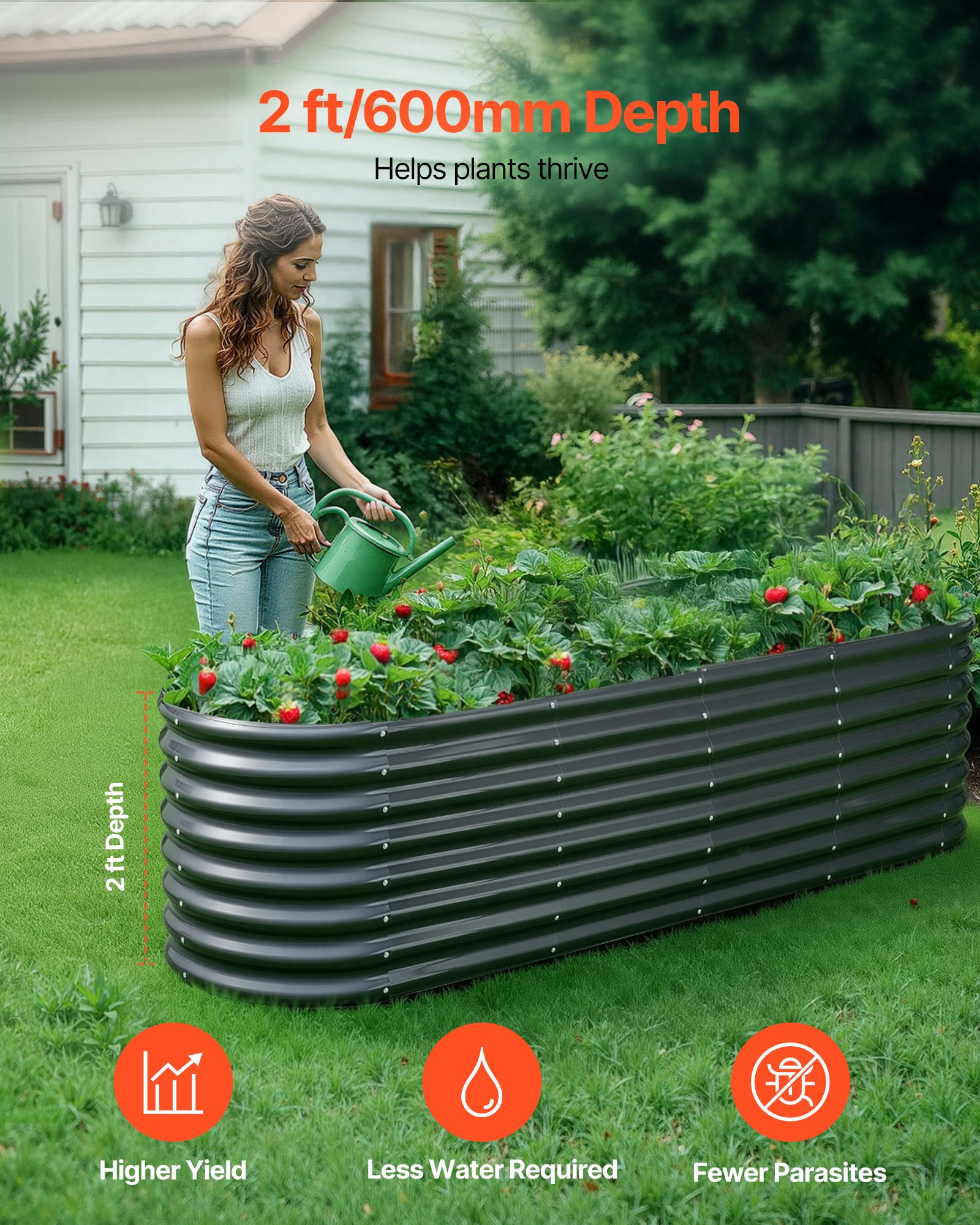 VEVOR Metal Raised Garden Bed, 2.4 x 0.6 x 0.6 m Oval Outdoor Galvanized Planter Garden Box, Open Bottom Design, Large Planter Raised Bed for Growing Vegetables, Flowers, Herbs, Succulents, Dark Gray