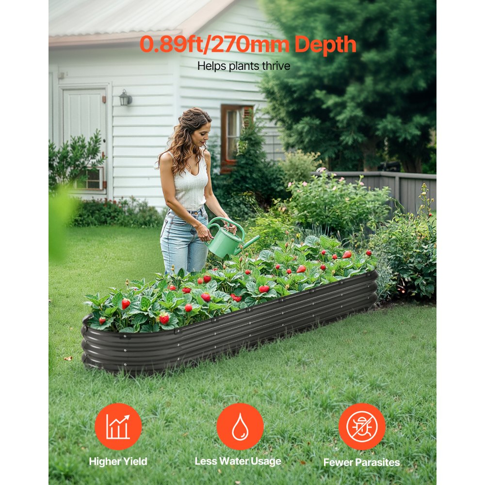 VEVOR Metal Raised Garden Bed, 2390 x 600 x 270 mm Outdoor Galvanized Planter Box, with Open Bottom, Large Oval Planter Raised Bed for Gardening Vegetables, Flowers, Herbs, and Succulent Plants, Dark Gray