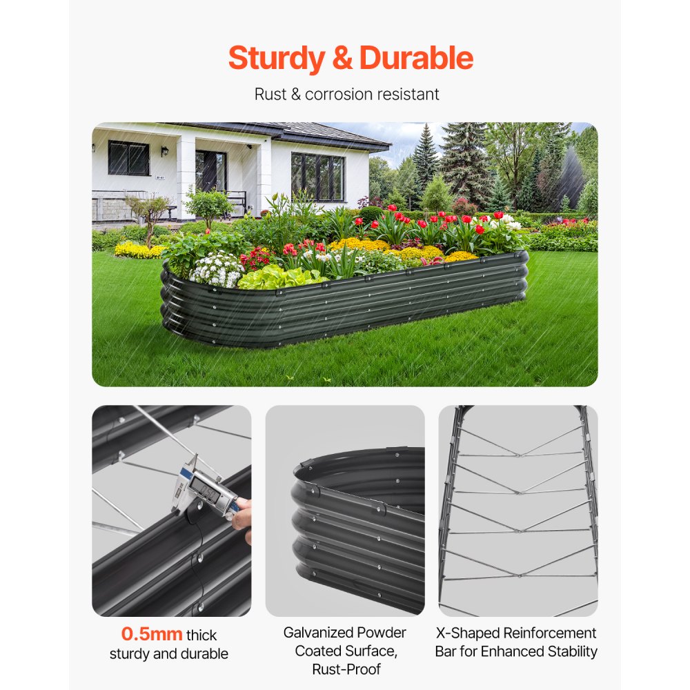 VEVOR Metal Raised Garden Bed, 2390 x 600 x 270 mm Outdoor Galvanized Planter Box, with Open Bottom, Large Oval Planter Raised Bed for Gardening Vegetables, Flowers, Herbs, and Succulent Plants, Dark Gray