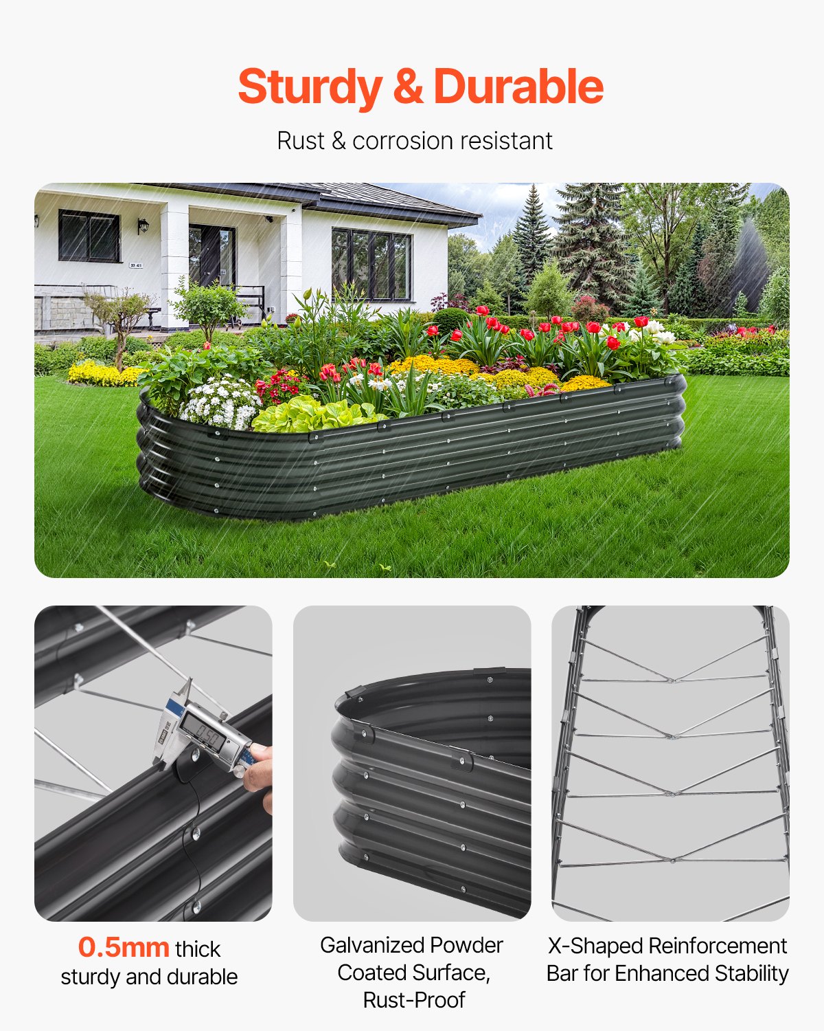 VEVOR Metal Raised Garden Bed, 2390 x 600 x 270 mm Outdoor Galvanized Planter Box, with Open Bottom, Large Oval Planter Raised Bed for Gardening Vegetables, Flowers, Herbs, and Succulent Plants, Dark Gray