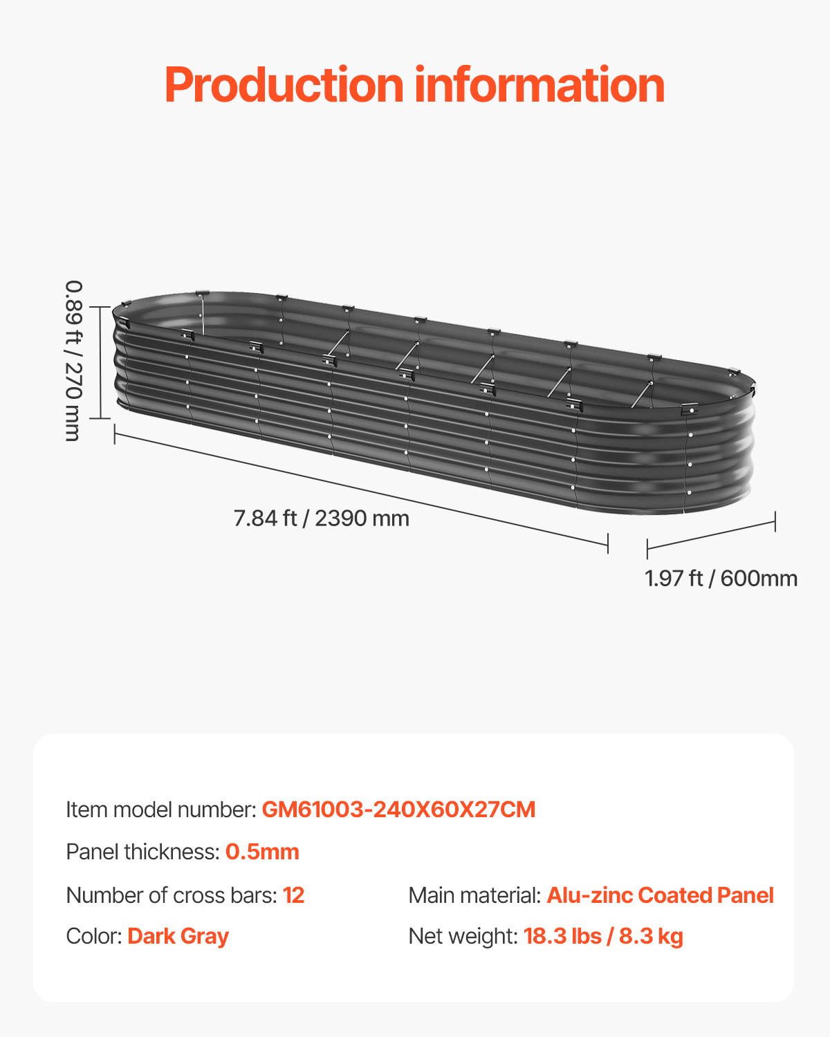 VEVOR Metal Raised Garden Bed, 2390 x 600 x 270 mm Outdoor Galvanized Planter Box, with Open Bottom, Large Oval Planter Raised Bed for Gardening Vegetables, Flowers, Herbs, and Succulent Plants, Dark Gray