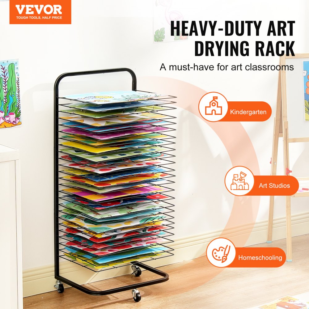 VEVOR Art Drying Rack 25 Prateleiras Removíveis Rack de Secagem de Tinta com Rodas Preto