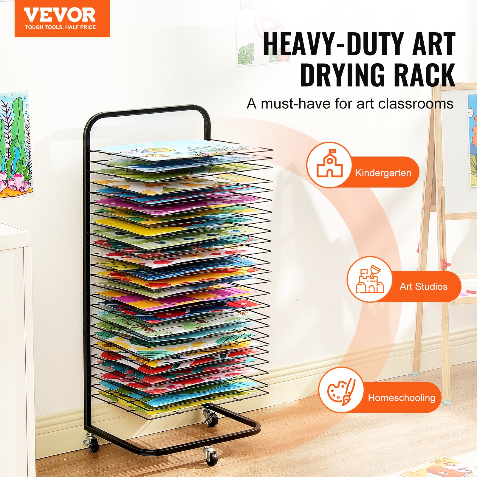 VEVOR Art Drying Rack 25 Prateleiras Removíveis Rack de Secagem de Tinta com Rodas Preto