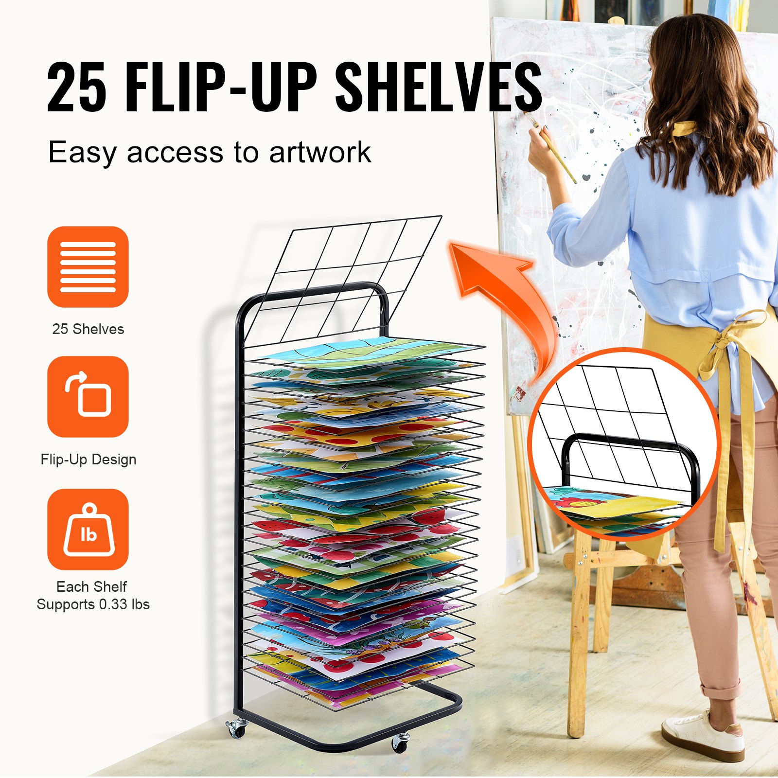 VEVOR Art Drying Rack 25 Prateleiras Removíveis Rack de Secagem de Tinta com Rodas Preto