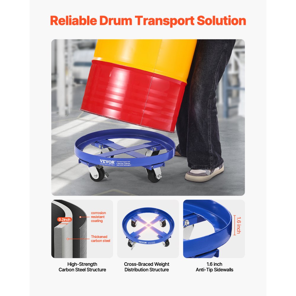 VEVOR 55 Gallon Drum Dolly, 2000 lbs Load Capacity, Heavy-Duty Barrel Dolly with Cross Braces and 4 Swivel Caster Wheels, Non Tipping Hand Truck Capacity Dollies for Warehouse Drum Handling, Blue