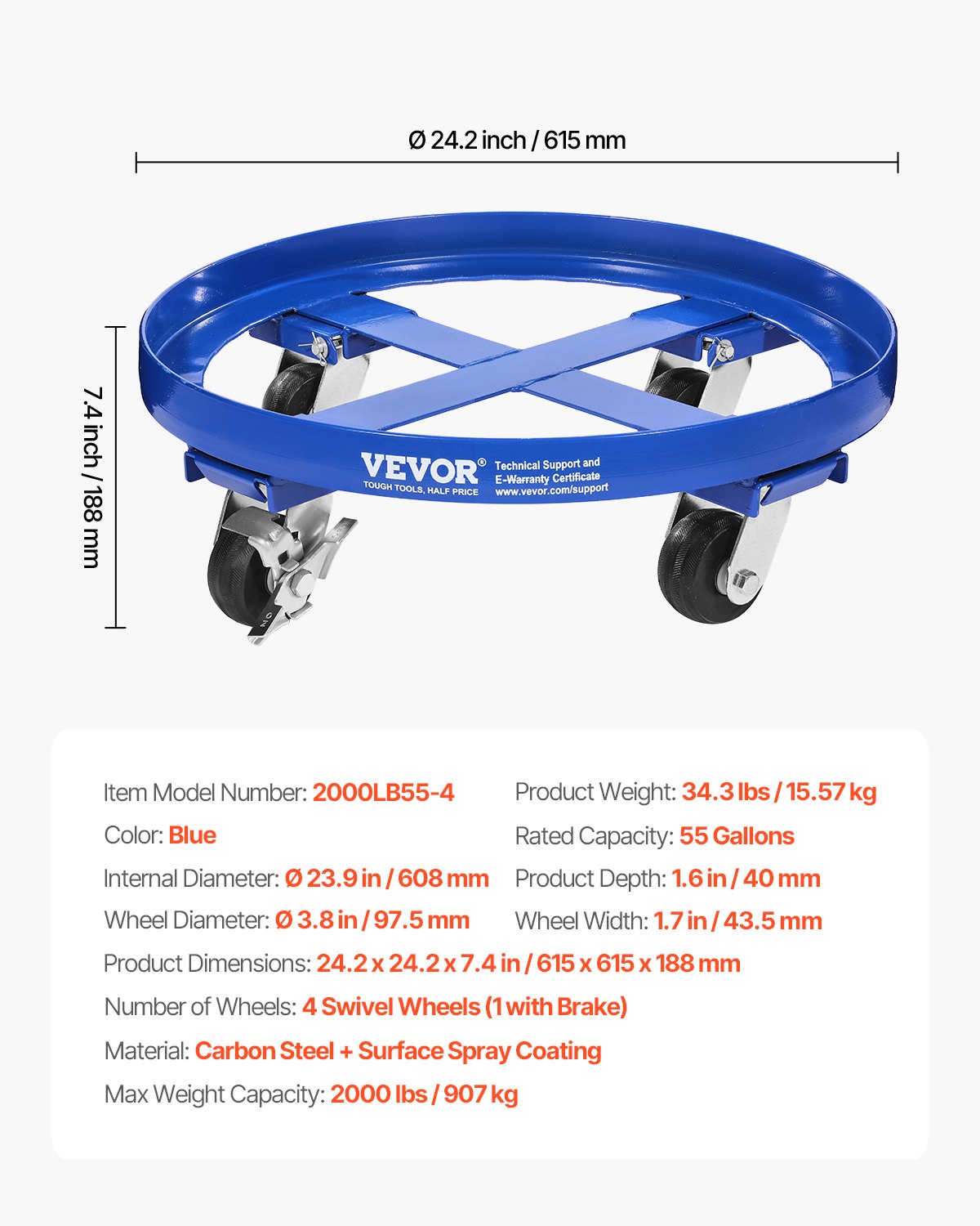 VEVOR 55 Gallon Drum Dolly, 2000 lbs Load Capacity, Heavy-Duty Barrel Dolly with Cross Braces and 4 Swivel Caster Wheels, Non Tipping Hand Truck Capacity Dollies for Warehouse Drum Handling, Blue