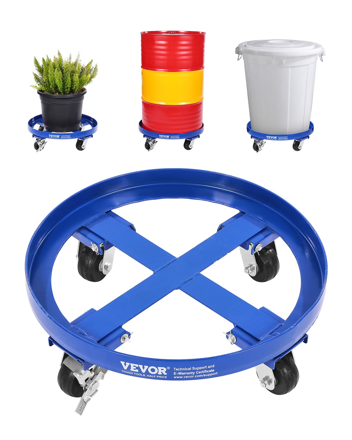 VEVOR 55 Gallon Drum Dolly, 2000 lbs Load Capacity, Heavy-Duty Barrel Dolly with Cross Braces and 4 Swivel Caster Wheels, Non Tipping Hand Truck Capacity Dollies for Warehouse Drum Handling, Blue
