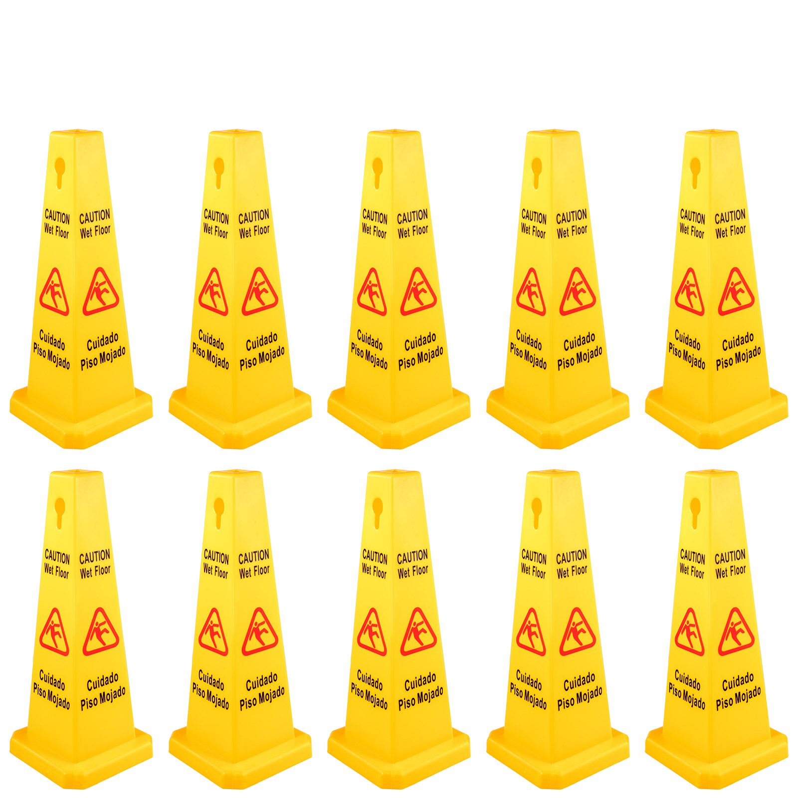 VEVOR 10 Pack Floor Safety Cone, 67 cm Yellow Caution Wet Floor Sign, 4 Sided Floor Wet Sign, Public Safety Wet Floor Cones Bilingual Wet Sign for Indoors and Outdoors