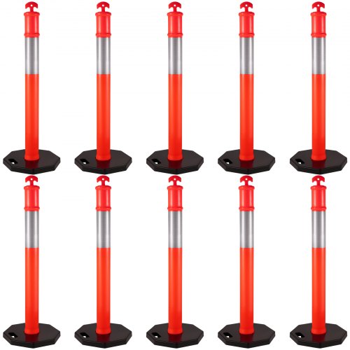 VEVOR Traffic Delineator Posts 44 Inch Height Channelizer Cones Orange PE Delineator Post Kit 10 inch Reflective Band Portable Delineators Post with Rubber Base 16 inch, Delineator Cones Set of 10