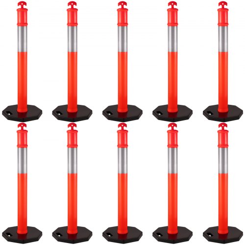 VEVOR Traffic Delineator Posts 44 Inch Height Channelizer Cones Orange PE Delineator Post Kit 10 inch Reflective Band Portable Delineators Post with Rubber Base 16 inch, Delineator Cones Set of 10