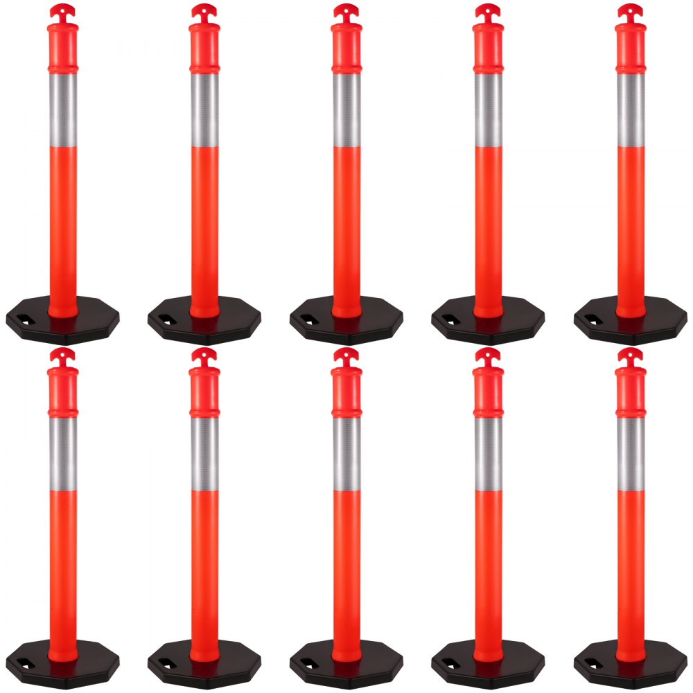 VEVOR 10Pack Traffic Delineator Posts 44 Inch Height, PE Channelizer Cones Post Kit 10 inch Reflective Band, Delineators Post with Rubber Base 16 inch for Construction Sites, Facility Management etc.