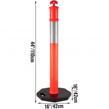 VEVOR 12Pack Traffic Delineator Posts 44 Inch Height, Channelizer Cones Post Kit 10 inch Reflective Band, Delineators Post with Rubber Base 16 inch for Construction Sites, Facility Management etc.