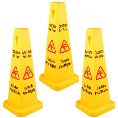 VEVOR 3 Pack Floor Safety Cone Yellow Caution Wet Floor Signs 4 Sided Floor Wet Sign Public Safety Wet Floor Cones Bilingual Wet Sign Floor for Indoors and Outdoors