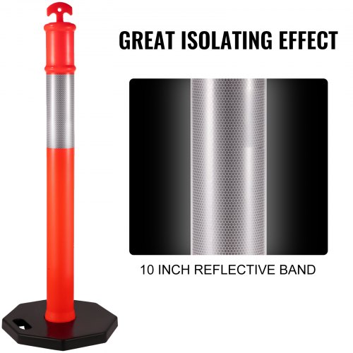 VEVOR Traffic Delineator Posts 44 Inch Height Channelizer Cones Orange PE Delineator Post Kit 10 inch Reflective Band, Portable Delineators Post with Rubber Base 16 inch, Delineator Cones Set of 3