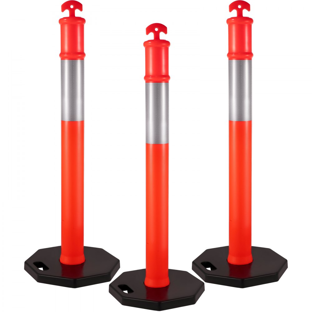VEVOR 3Pack Traffic Delineator Posts 44 Inch Height, Orange Delineator Cones with Rubber Base 16 inch, PE Delineator Post Kit 10 inch Reflective Band for Construction Sites, Facility Management etc.