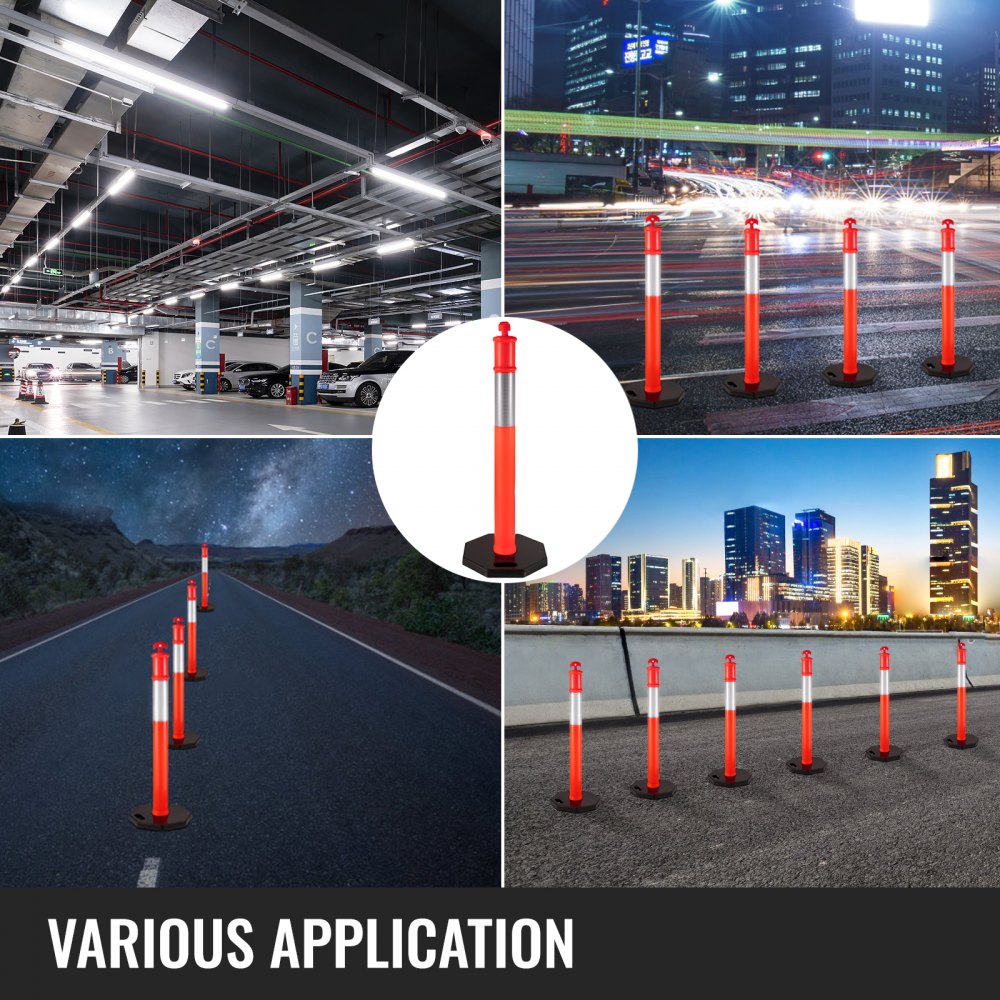 VEVOR 3Pack Traffic Delineator Posts 44 Inch Height, Orange Delineator Cones with Rubber Base 16 inch, PE Delineator Post Kit 10 inch Reflective Band for Construction Sites, Facility Management etc.
