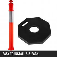 VEVOR 5Pack Delineator Posts 44 Inch Height, Orange PE Delineator Post Kit 10 inch Reflective Band, Traffic Delineator Posts with Rubber Base 16 inch for Construction Sites, Facility Management etc.