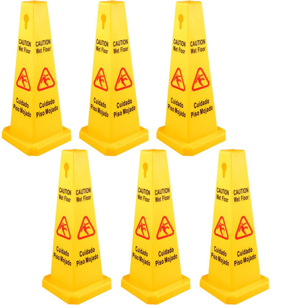 VEVOR VEVOR Paquete de 6 conos de seguridad para piso de 26 pulgadas Señal de piso mojado Amarillo Precaución Señales de piso mojado 4 caras pública Conos de piso mojado
