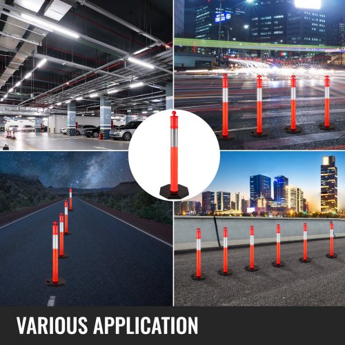 VEVOR 6-Pack Traffic Delineator Posts – 30 Inch PU Safety Cones With Reflective Bands, Flexible Spring Base For Parking Lots & Roads