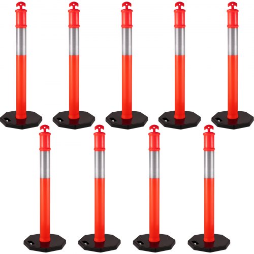 VEVOR Traffic Delineator Posts 44 Inch Height Channelizer Cones Orange PE Delineator Post Kit 10 inch Reflective Band, Portable Delineators Post with Rubber Base 16 inch, Delineator Cones Set of 9