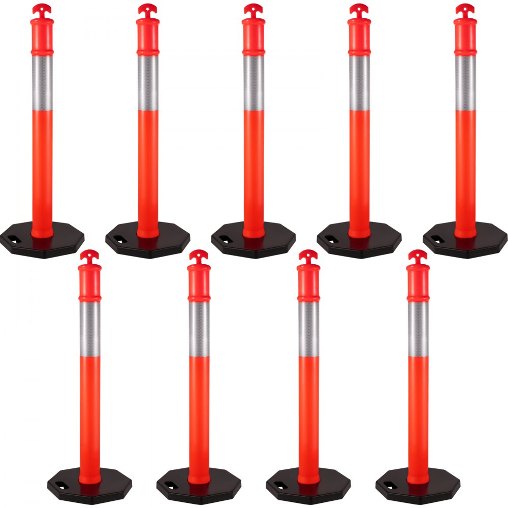 VEVOR Traffic Delineator Posts 44 Inch Height Channelizer Cones Orange PE Delineator Post Kit 10 inch Reflective Band, Portable Delineators Post with Rubber Base 16 inch, Delineator Cones Set of 9