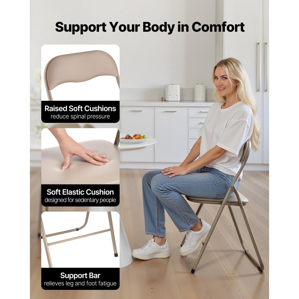 VEVOR 4 Pack Folding Chairs, Foldable Leather Chairs with Heavy Duty Metal Frame & Padded Cushion, Portable Folding Card Table Chairs, Stackable Seats for Home, Yard, Garden, Parties, Events, Khaki