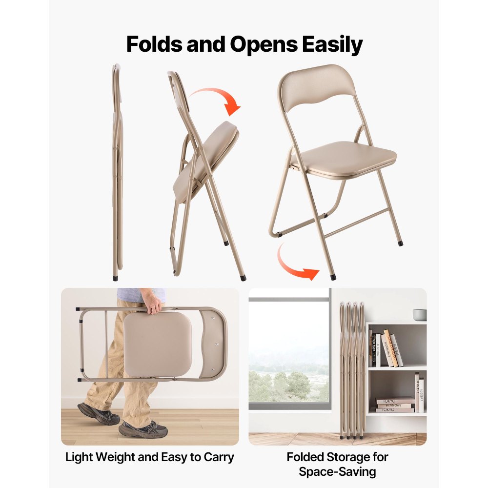 VEVOR 4 Pack Folding Chairs, Foldable Leather Chairs with Heavy Duty Metal Frame & Padded Cushion, Portable Folding Card Table Chairs, Stackable Seats for Home, Yard, Garden, Parties, Events, Khaki