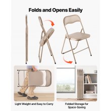 4 Pack Folding Chairs Portable Leather Chairs with Padded Cushion Khaki
