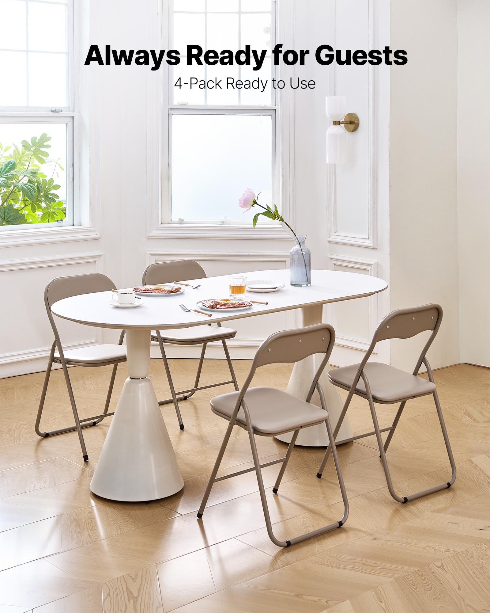 VEVOR 4 Pack Folding Chairs, Foldable Leather Chairs with Heavy Duty Metal Frame & Padded Cushion, Portable Folding Card Table Chairs, Stackable Seats for Home, Yard, Garden, Parties, Events, Khaki