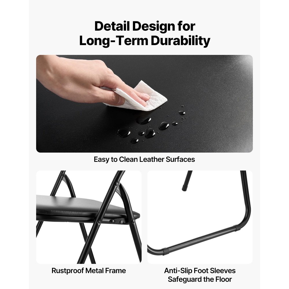 VEVOR 4 Pack Folding Chairs, Foldable Leather Chairs with Heavy Duty Metal Frame & Padded Cushion, Portable Folding Card Table Chairs, Stackable Seats for Home, Yard, Garden, Parties, Events, Black