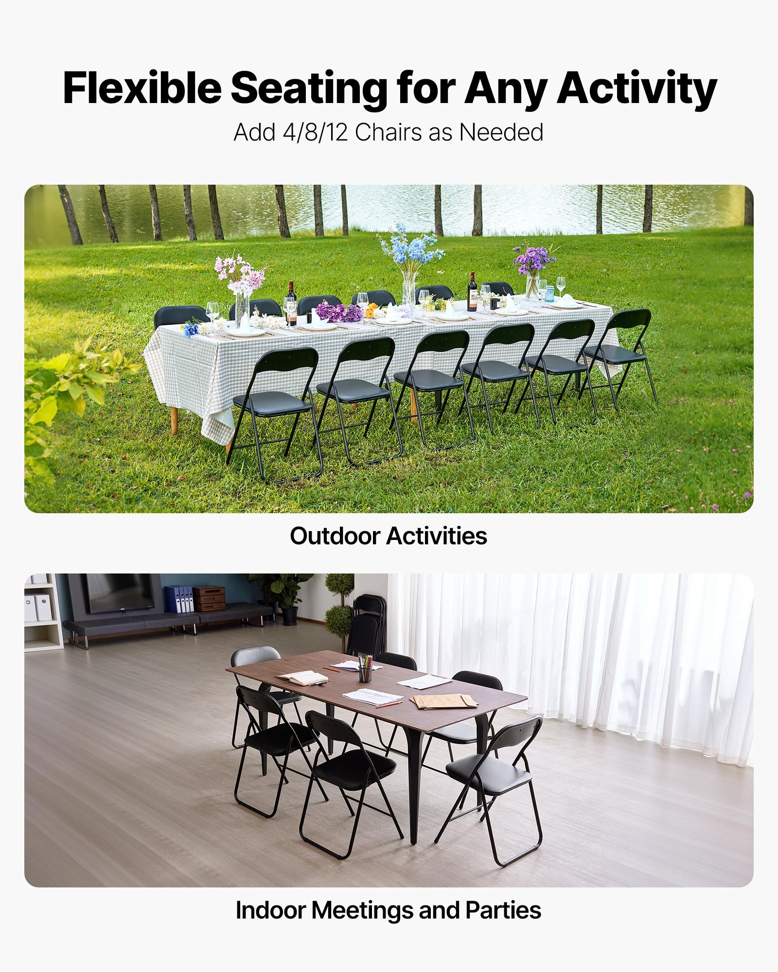 VEVOR 4 Pack Folding Chairs, Foldable Leather Chairs with Heavy Duty Metal Frame & Padded Cushion, Portable Folding Card Table Chairs, Stackable Seats for Home, Yard, Garden, Parties, Events, Black