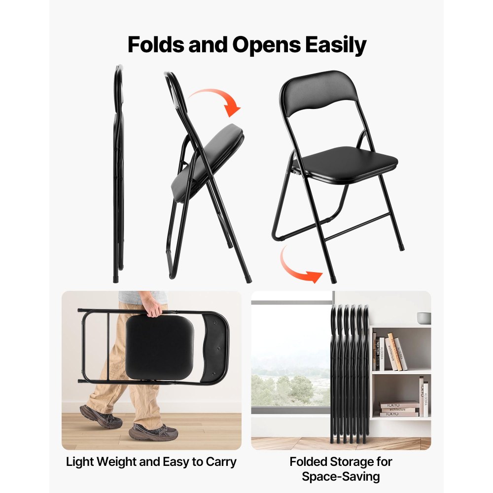 VEVOR 6 Pack Folding Chairs, Foldable Leather Chairs with Heavy Duty Metal Frame & Padded Cushion, Portable Folding Card Table Chairs, Stackable Seats for Home, Yard, Garden, Parties, Events, Black