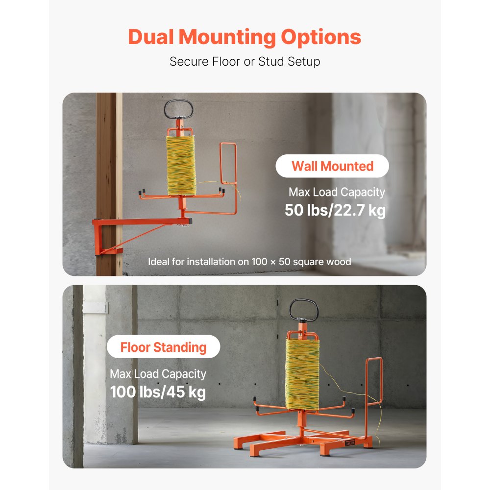 VEVOR Cable Dispenser, Floor or Stud Mounted, Wire Spool Rack, Portable Wire Rack Dispenser with Anti-Slip Metal Handle for Wiring Transport, Swivel Eyelet, for Electrical, Industrial and Retail Use