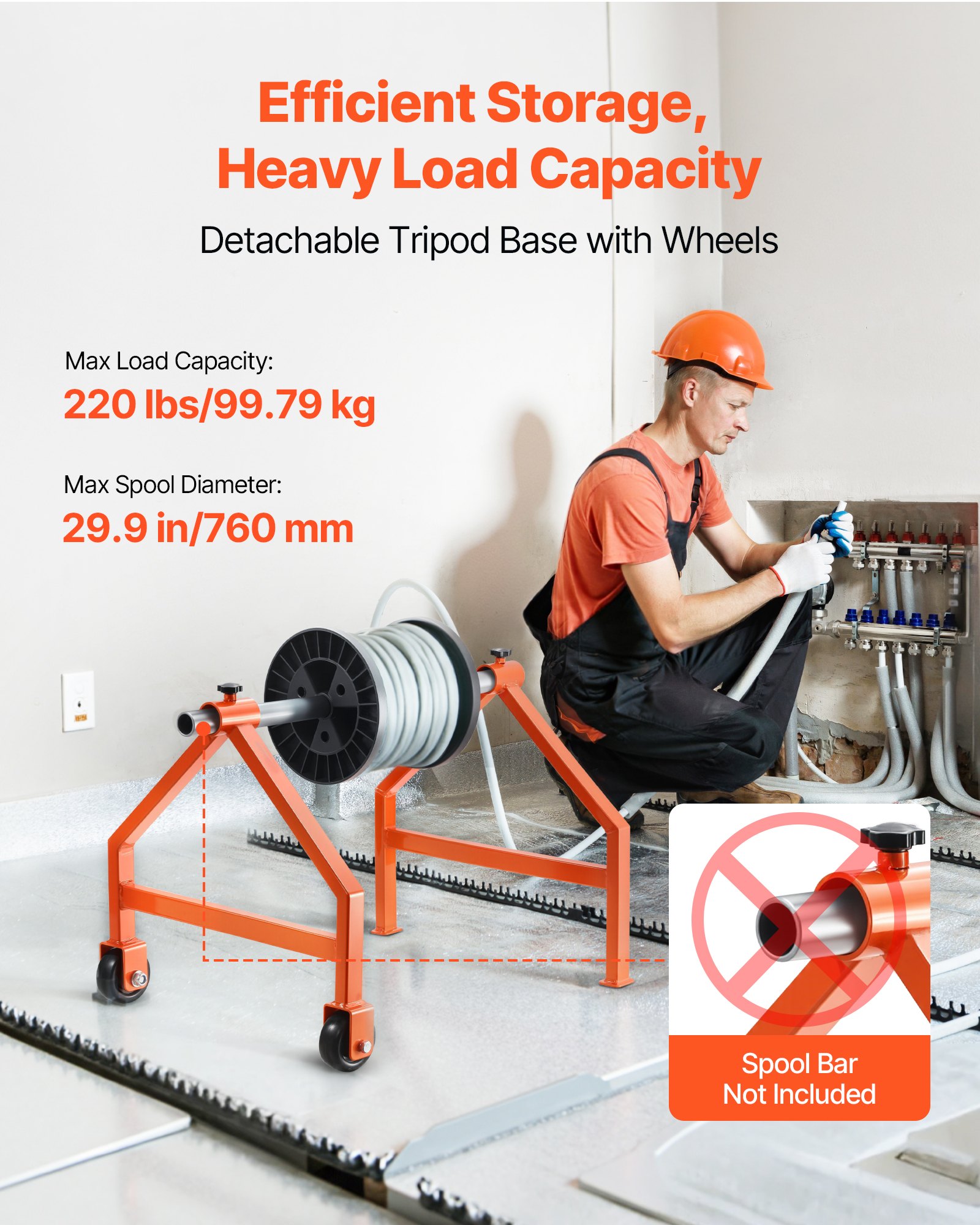 VEVOR Wire Spool Rack, 100 kg / 220 lbs Load Capacity, Portable Cable Caddy, Moveable Wire Rack with Wheels, Spool Holder, Up to 759mm / 29.9 in Diameter, for Electrical Industrial and Retail Use, Working Efficiency