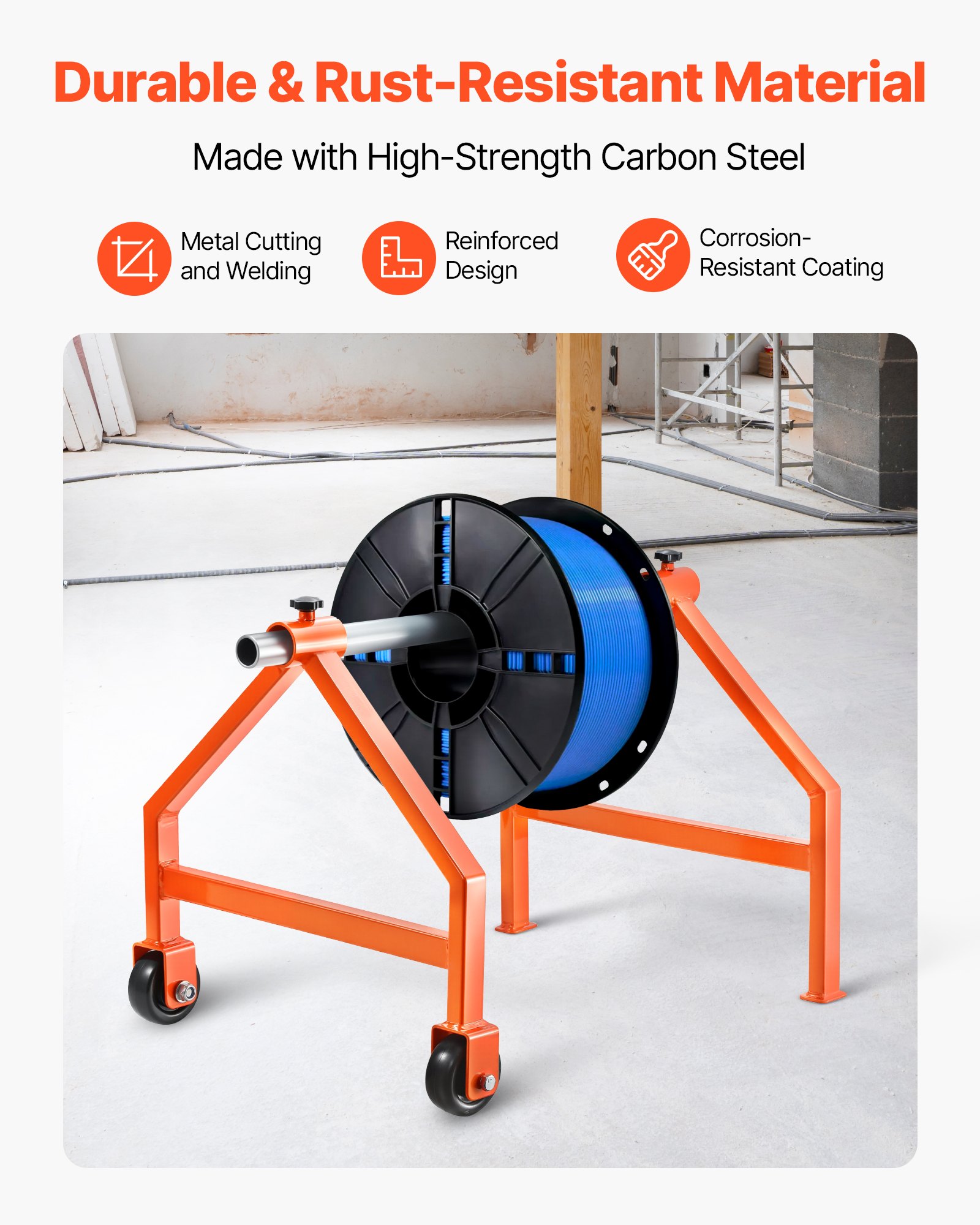 VEVOR Wire Spool Rack, 100 kg / 220 lbs Load Capacity, Portable Cable Caddy, Moveable Wire Rack with Wheels, Spool Holder, Up to 759mm / 29.9 in Diameter, for Electrical Industrial and Retail Use, Working Efficiency