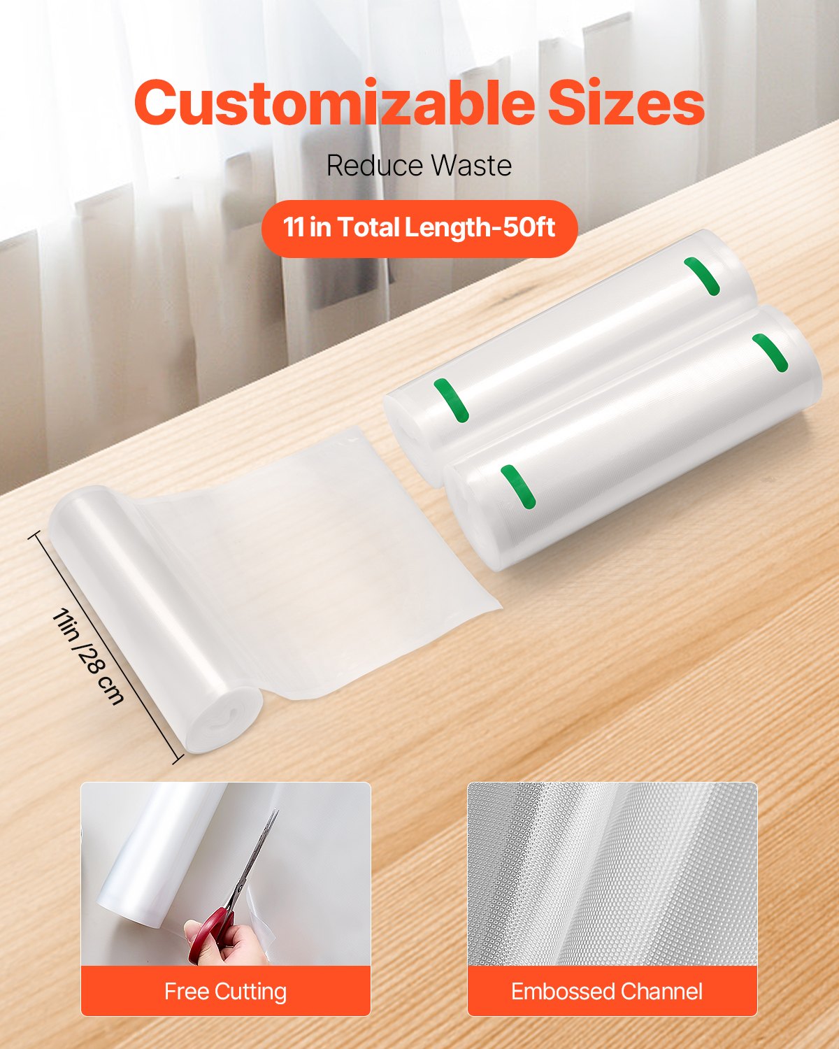 VEVOR Vacuum Sealer Bags, 2 Rolls 11 In x 50 Ft, Non-BPA Food Grade Seal A Meal Bags, Customizable Freezer-friendly Vac Sealing Bag for Food Saver, Food Storage Vacuum Bags for Meal Prep or Sous Vide