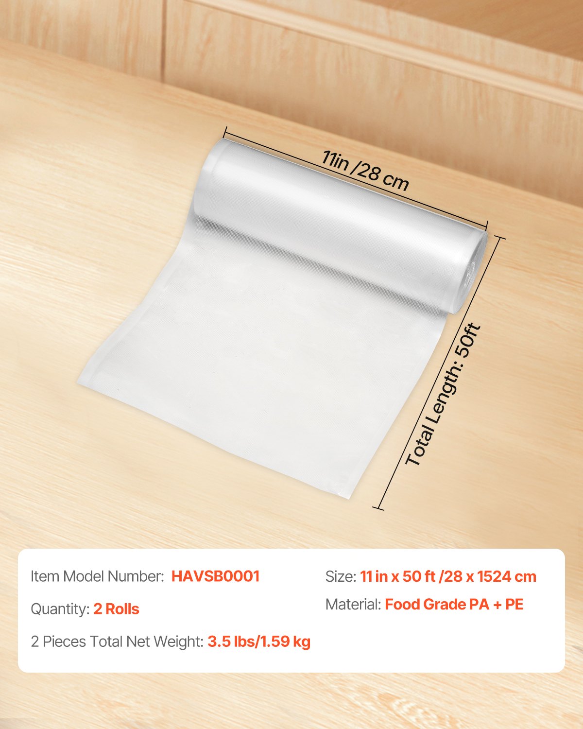 VEVOR Vacuum Sealer Bags, 2 Rolls 11 In x 50 Ft, Non-BPA Food Grade Seal A Meal Bags, Customizable Freezer-friendly Vac Sealing Bag for Food Saver, Food Storage Vacuum Bags for Meal Prep or Sous Vide